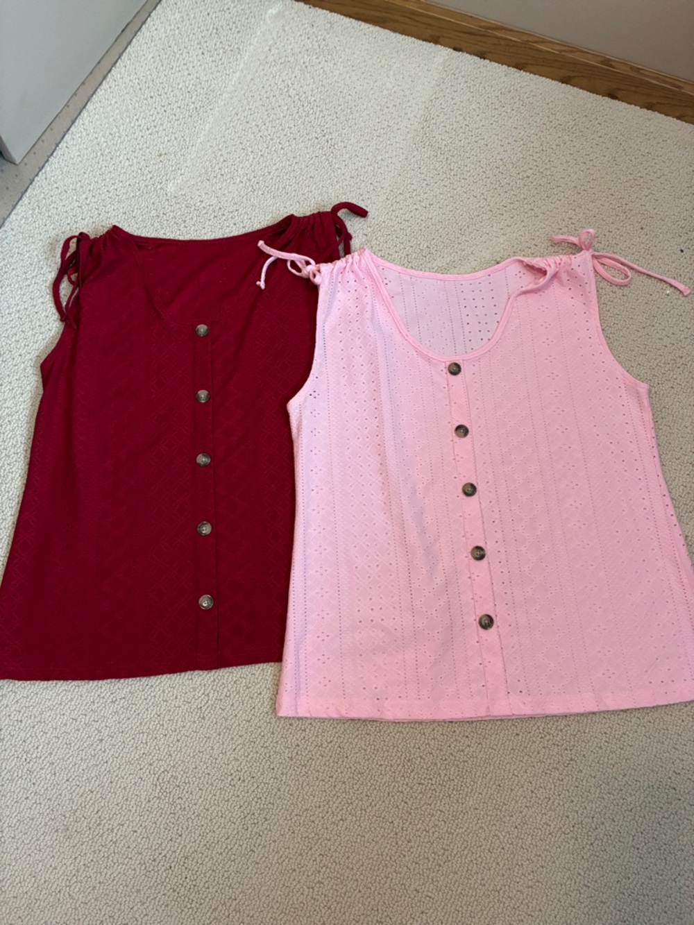 Button-Front Tie Shoulder Tank Top - Pink & Burgundy